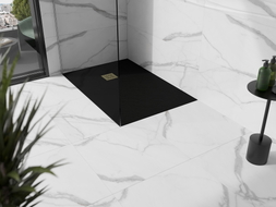 Mexen Stone+ rechteckige Duschwanne aus Verbundwerkstoff 140 x 80 cm, schwarz, goldene Abdeckung - 44708014-G
