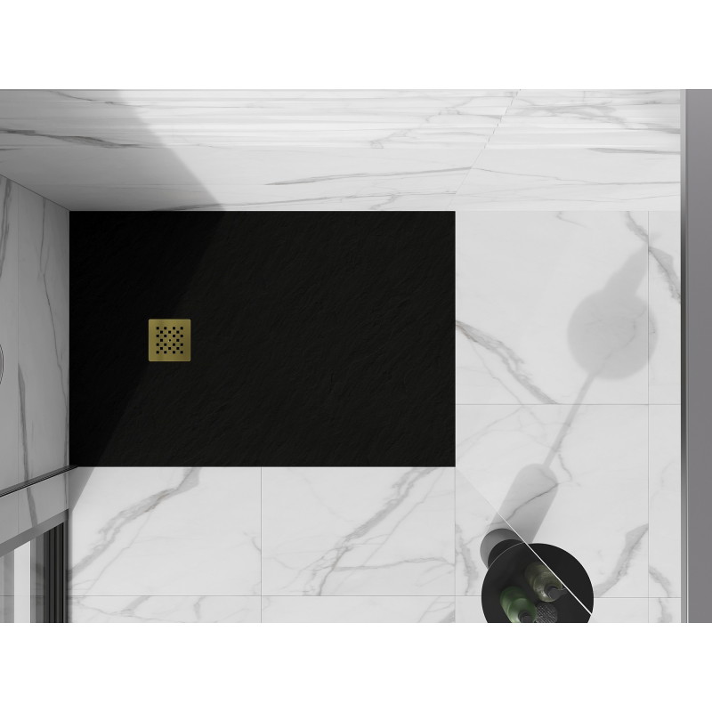 Mexen Stone+ Rechteckige Duschwanne aus Verbundmaterial 140 x 90 cm, schwarz, goldene Abdeckung - 44709014-G