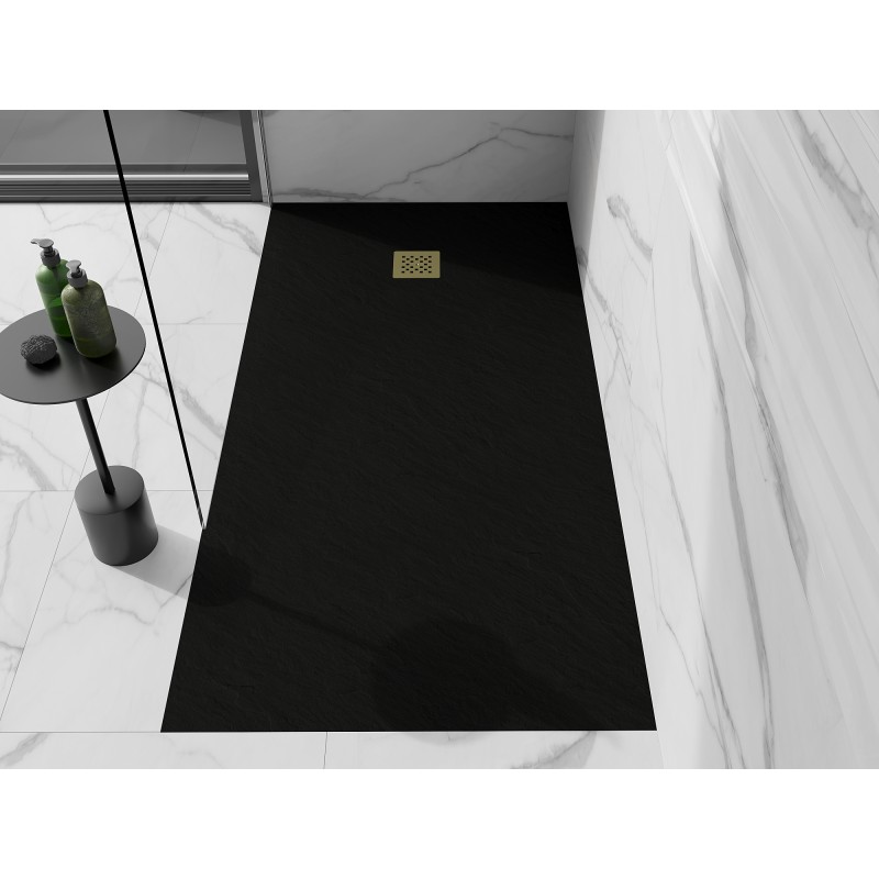 Mexen Stone+ rechteckige Komposit-Duschwanne 200 x 80 cm, schwarz, goldene Abdeckung - 44708020-G