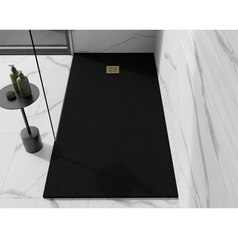 Mexen Stone+ rechteckige Verbundduschwanne 160 x 90 cm, schwarz, Abdeckung gold - 44709016-G
