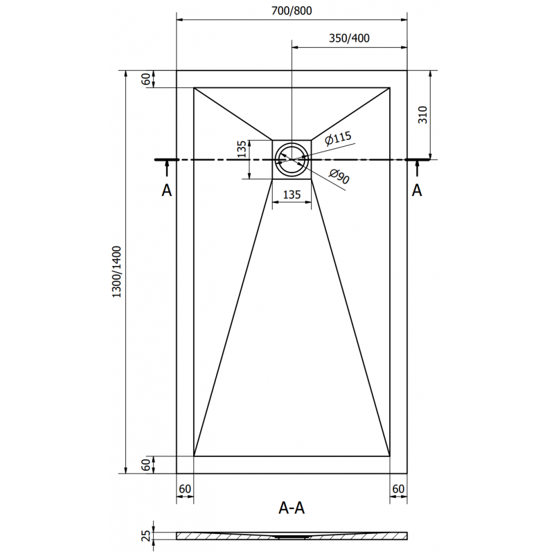 Mexen Stone+ Komposit-Duschwanne rechteckig 140 x 80 cm, schwarz, schwarze Abdeckung - 44708014-B