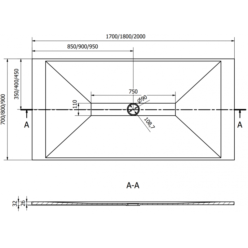Mexen Toro rechteckige Duschwanne SMC 170 x 90 cm, weiß, goldene Abdeckung - 43109017-G