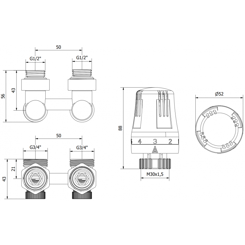 Mexen G01 thermostatisches Zweirohr-Set DN50, Eckform 1/2"x3/4", Nickel - W911-012-918-01