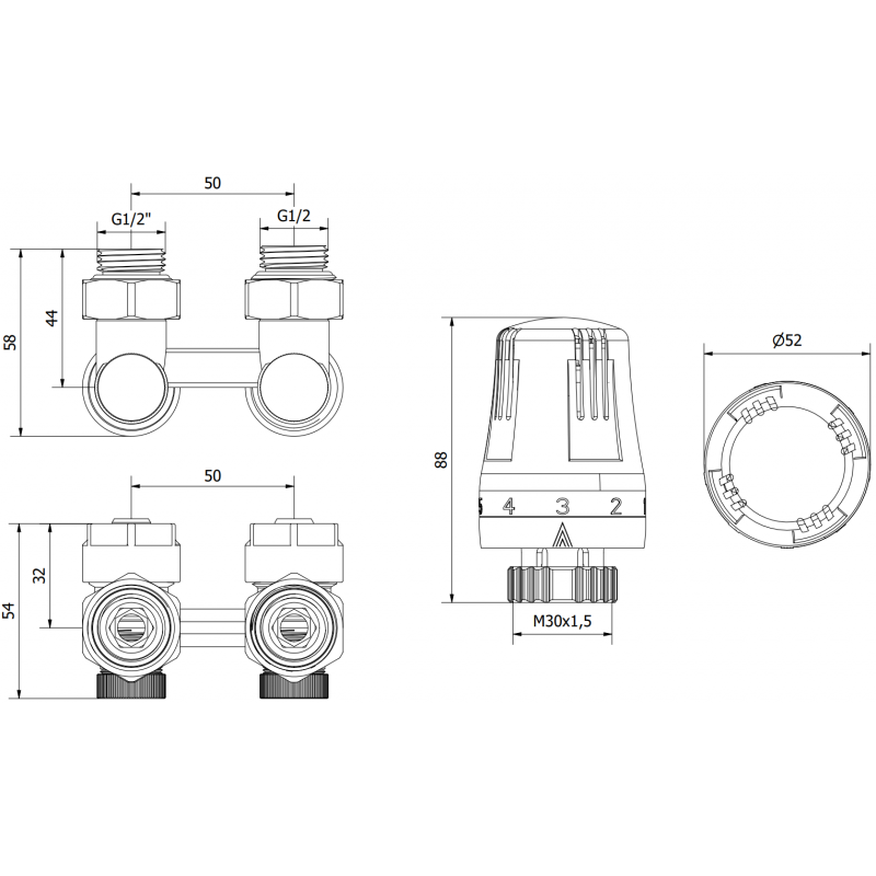 Mexen G01 thermostatisches Zweirohr-Set DN50, Winkel 1/2"x16 mm, Nickel - W911-016-918-01