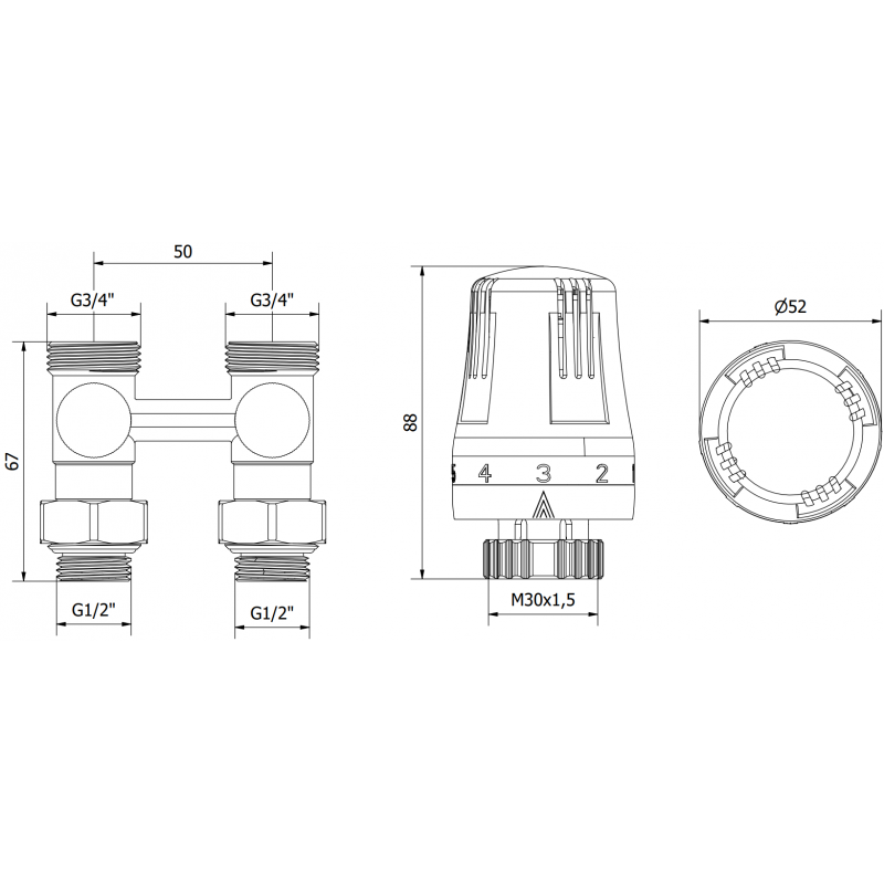 Mexen G01 thermostatisches Zweirohr-Set DN50, gerade 1/2"x3/4", Nickel - W912-012-918-01