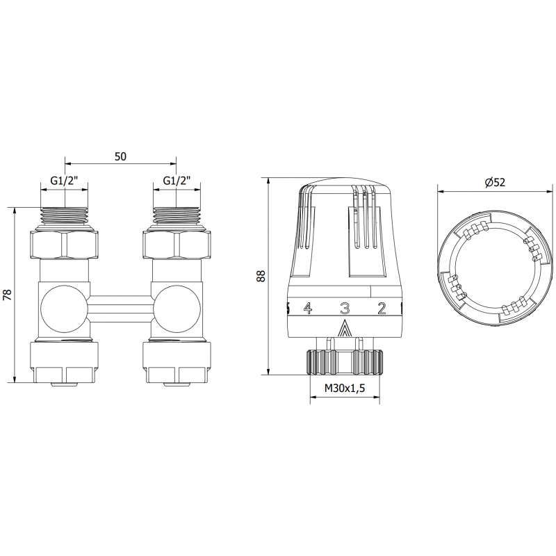 Mexen G01 thermostatisches Set zweirohrig DN50, gerade 1/2"x16 mm, Nickel - W912-016-918-01