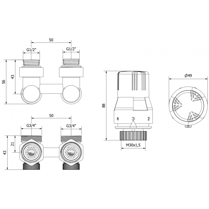 Mexen G02 thermostatisches Set DN50, 1/2"x3/4" Winkel, Nickel - W911-012-928-01