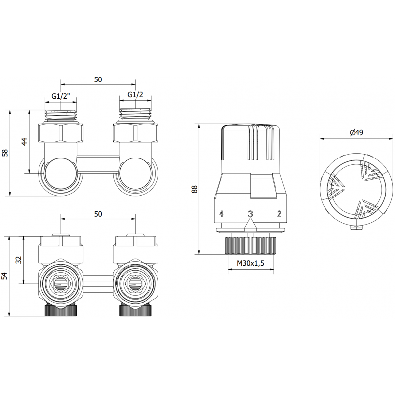 Mexen G02 Thermostat-Set, Zwei-Rohr DN50, Eckversion 1/2"x16 mm, Nickel - W911-016-928-01