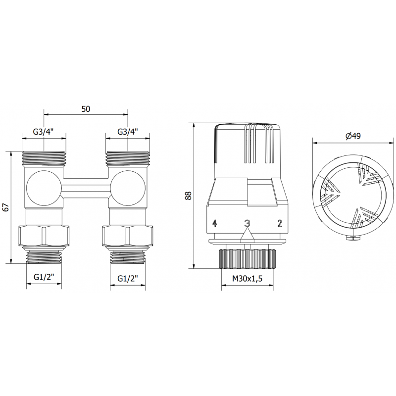 Mexen G02 thermostatisches Doppelleitungsset DN50, gerade 1/2"x3/4", Nickel - W912-012-928-01