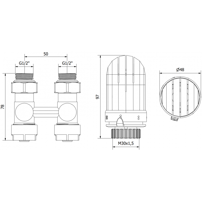 Mexen G03 Thermostat-Set Zweirohr DN50, gerade 1/2"x16 mm, Nickel - W912-016-938-01