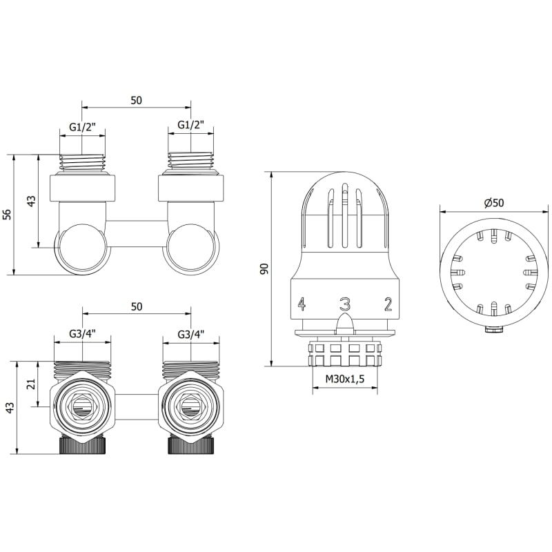 Mexen G04 thermostatisches Set DN50, Eckausführung 1/2"x3/4", Nickel - W911-012-948-01