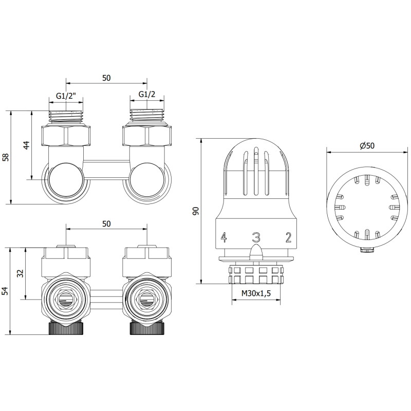Mexen G04 thermostatisches Doppelrohr-Set DN50, Eckversion 1/2"x16 mm, Nickel - W911-016-948-01