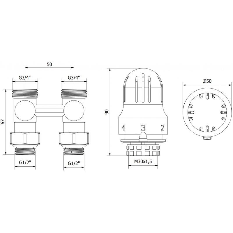 Mexen G04 Thermostat-Set DN50, zweirohrig, gerade 1/2"x3/4", Nickel - W912-012-948-01