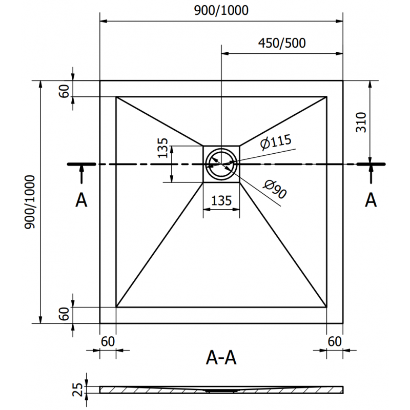 Mexen Stone+ quadratische Duschwanne aus Verbundwerkstoff 90 x 90 cm, weiß, schwarze Abdeckung - 44109090-B