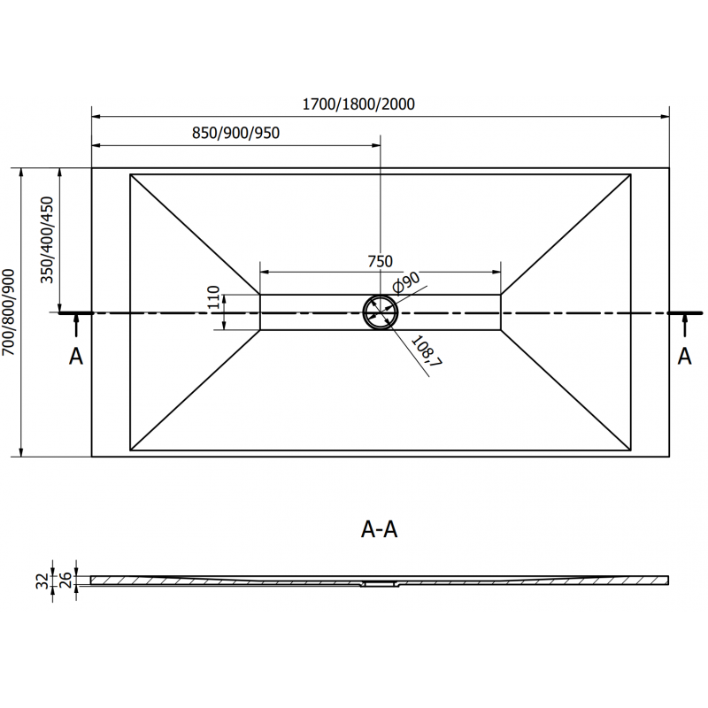 Mexen Toro rechteckige Duschwanne SMC 180 x 90 cm, weiß, schwarze Abdeckung - 43109018-B