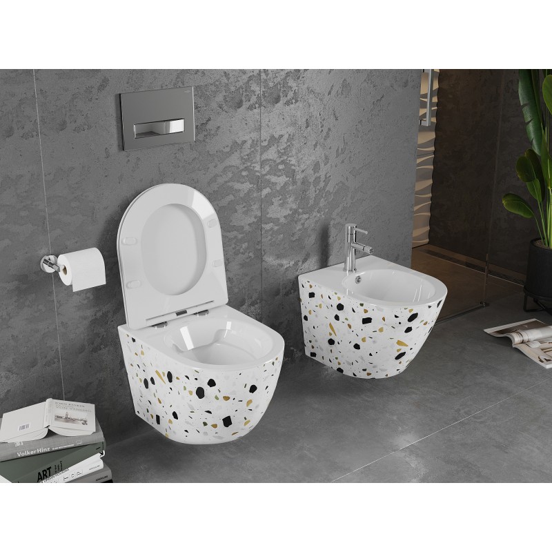 Mexen Lena WC-Schüssel Rimless mit langsam absenkendem, schlankem Deckel, Duroplast, weißer Terrazzo-Stein - 30224096