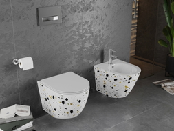 Mexen Lena WC-Schüssel Rimless mit langsam absenkendem, schlankem Deckel, Duroplast, weißer Terrazzo-Stein - 30224096