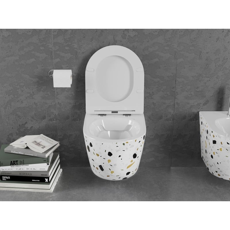 Mexen Lena WC-Schüssel Rimless mit langsam absenkendem, schlankem Deckel, Duroplast, weißer Terrazzo-Stein - 30224096