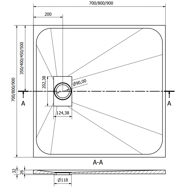 Mexen Hugo quadratische Duschwanne SMC 90 x 90 cm, weiß, Abdeckung Inox - 42109090-X