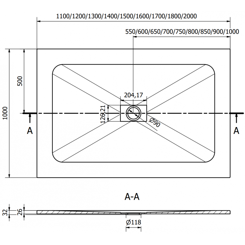 Mexen Hugo rechteckige Duschwanne SMC 170 x 100 cm, weiß, Abdeckung Inox - 42101017-X
