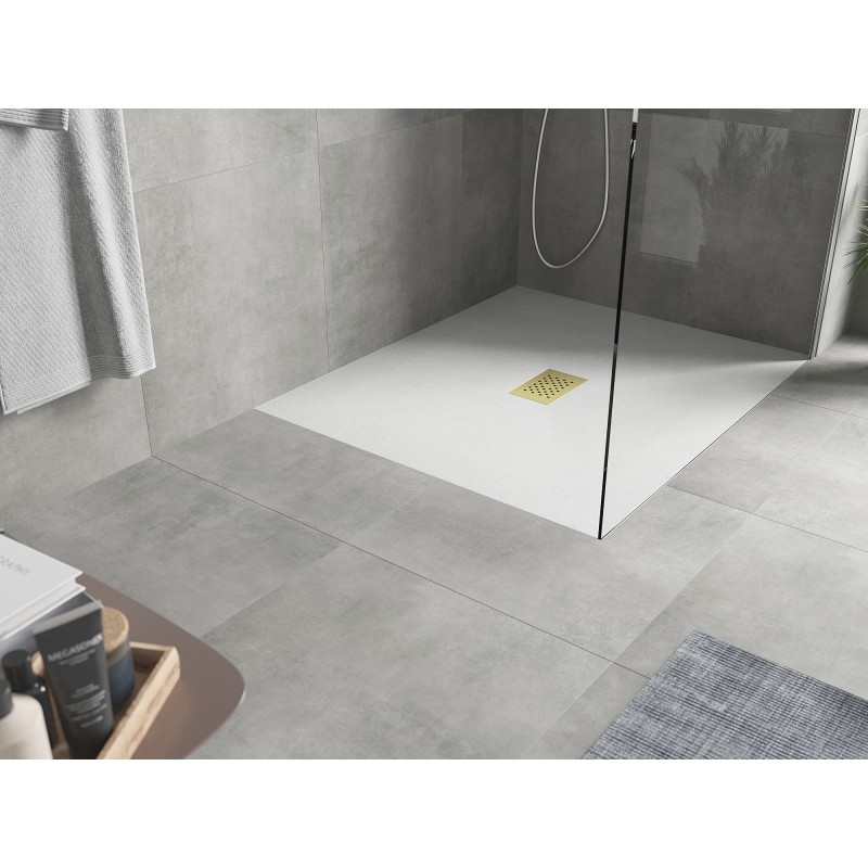 Mexen Hugo rechteckige Duschwanne SMC 140 x 100 cm, weiß, Abdeckung gold - 42101014-G