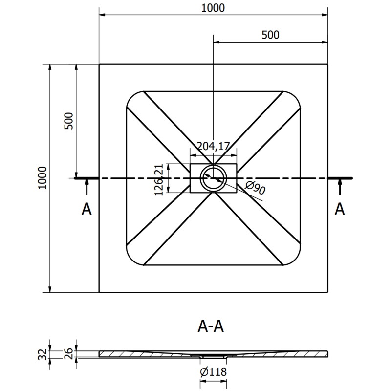 Mexen Hugo Quadratische SMC-Duschwanne 100 x 100 cm, weiß, schwarze Abdeckung - 42101010-B