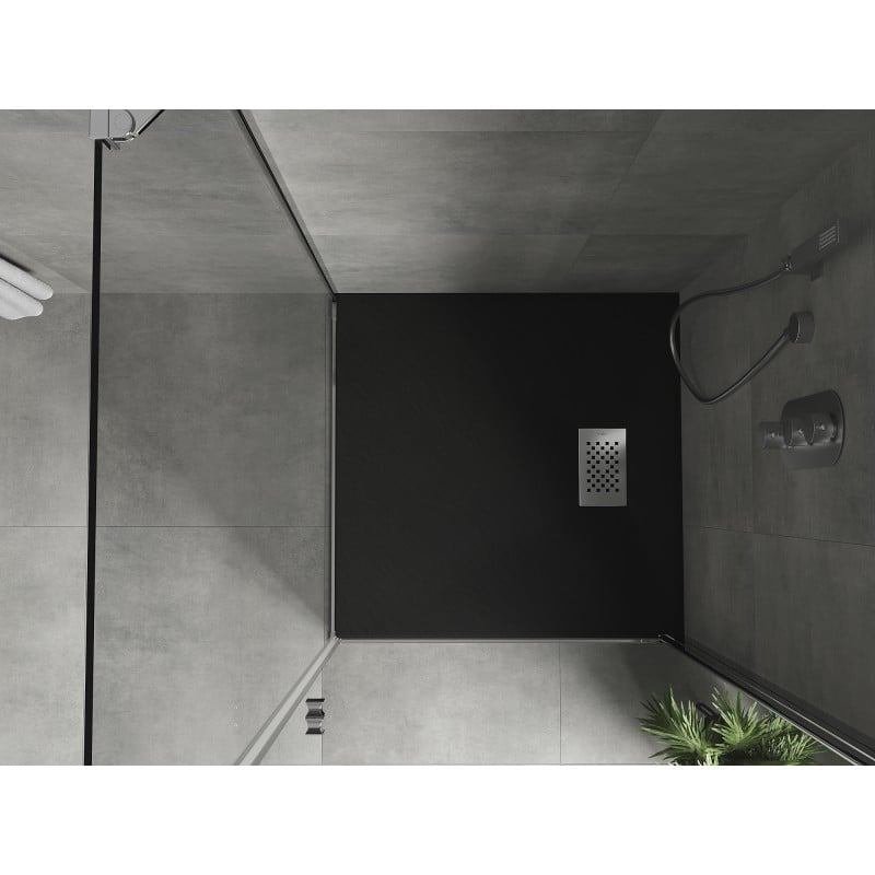 Mexen Hugo quadratische Duschwanne SMC 80 x 80 cm, schwarz, Abdeckung aus Inox - 42708080-X