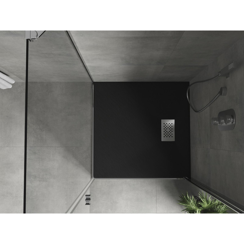 Mexen Hugo quadratische Duschwanne SMC 90 x 90 cm, schwarz, Abdeckung aus Inox - 42709090-X