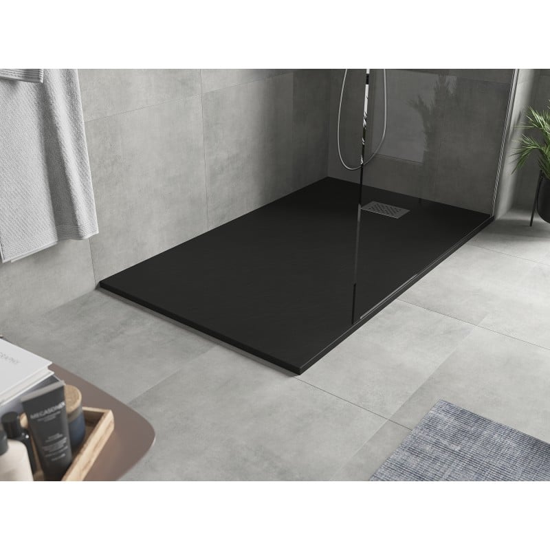 Mexen Hugo rechteckige SMC-Duschwanne 140 x 90 cm, schwarz, Abdeckung aus Inox - 42709014-X