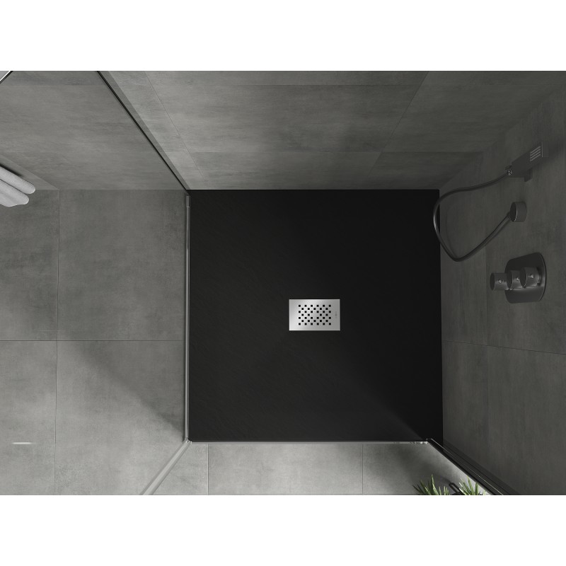 Mexen Hugo quadratische Duschwanne SMC 100 x 100 cm, schwarz, Abdeckung aus Inox - 42701010-X