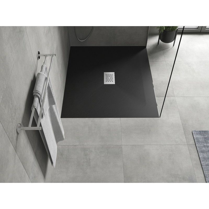 Mexen Hugo Rechteckige Duschwanne SMC 140 x 100 cm, schwarz, Blende aus Edelstahl - 42701014-X