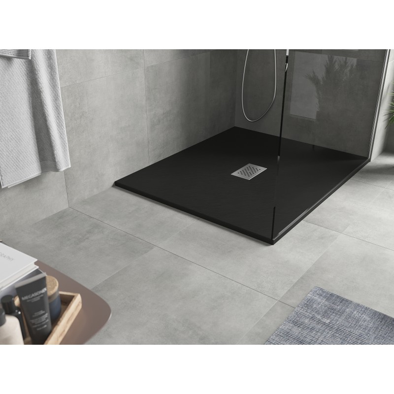 Mexen Hugo rechteckige Duschwanne SMC 140 x 100 cm, schwarz, Abdeckung Inox - 42701014-X
