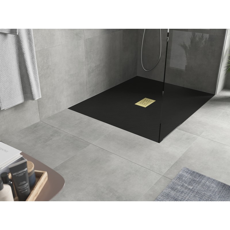 Mexen Hugo rechteckige Duschwanne SMC 140 x 100 cm, schwarz, Abdeckung gold - 42701014-G