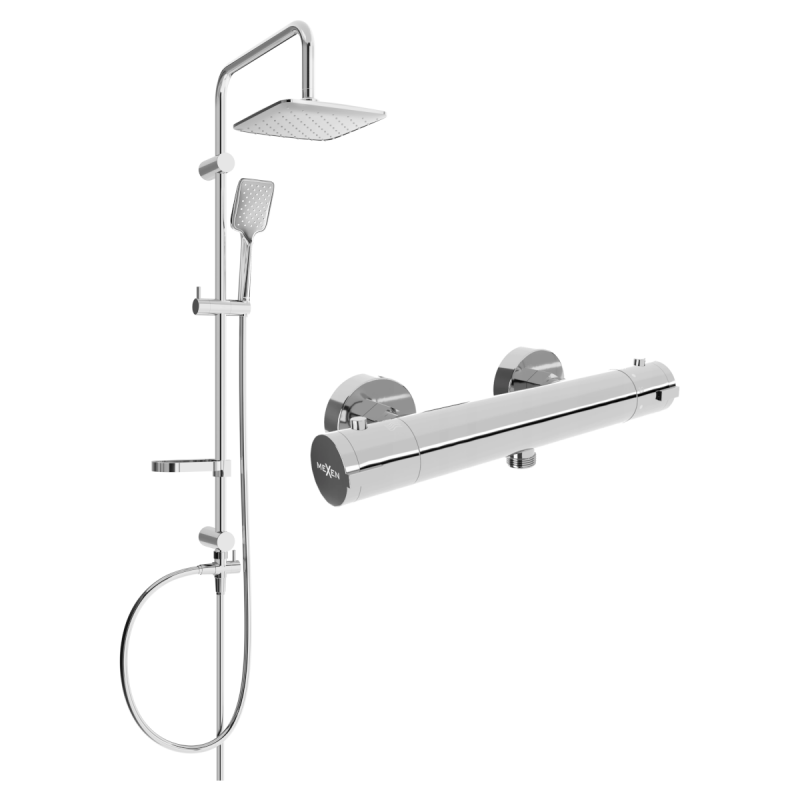 Mexen Kai Sven Duschset zur Aufputzmontage mit Regenduschkopf und thermostatischer Duscharmatur, Chrom - 77100262-00
