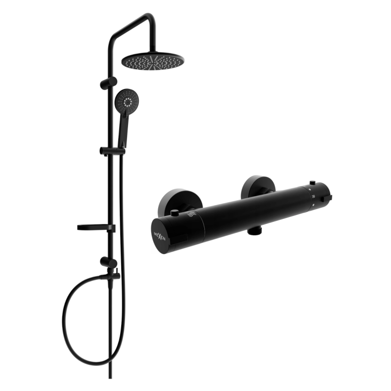 Mexen Kai Carl Aufputz-Duschset mit Regenduschkopf und thermostatischer Duscheinheit, schwarz - 77100240-70