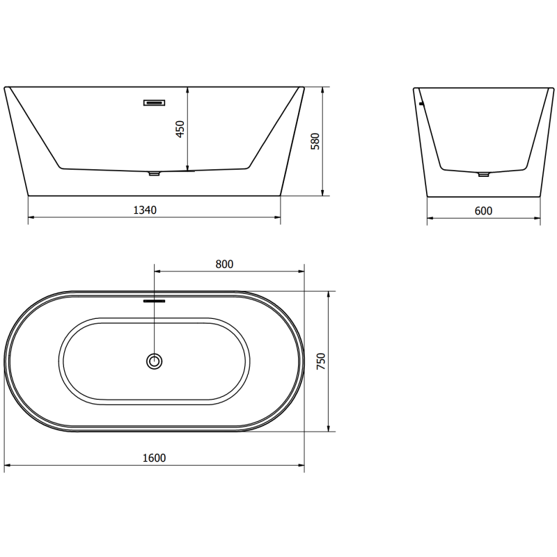 Mexen Luna freistehende Badewanne 160 x 75 cm, weiß, Überlauf gebürstetes Nickel - 52031607500-97