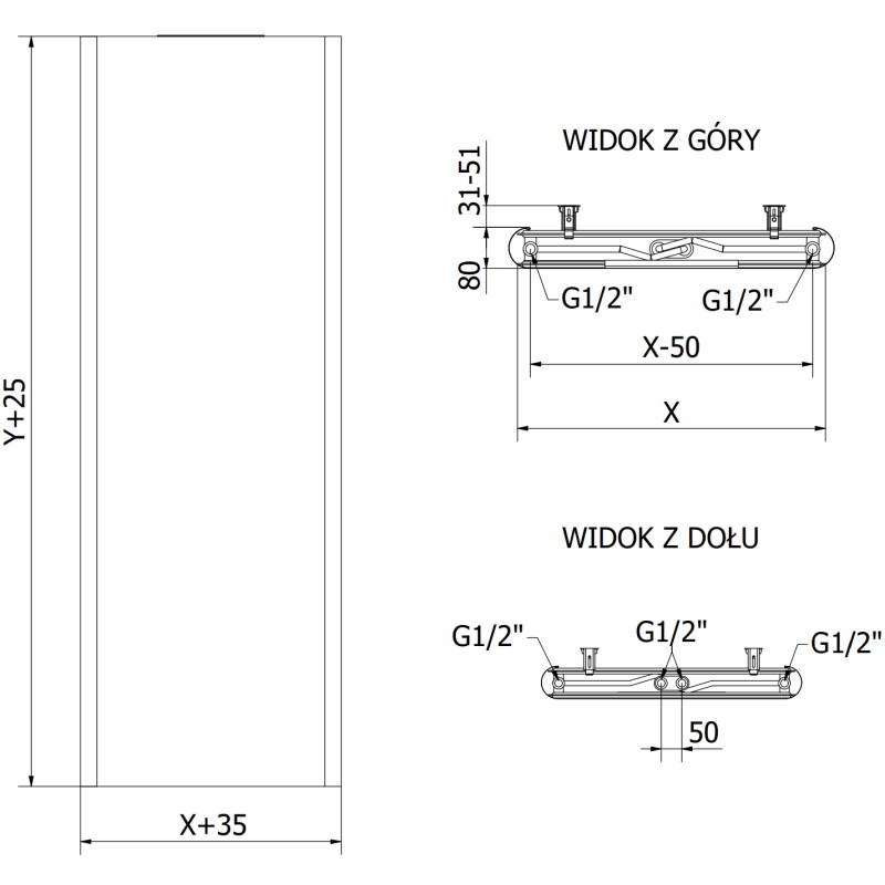 Mexen VR20S Flat Plattenheizkörper 1400 x 500 mm, unterer Mittelanschluss, 890 W, schwarz - W6-140-050-70 - W6VR20S-140-050-70
