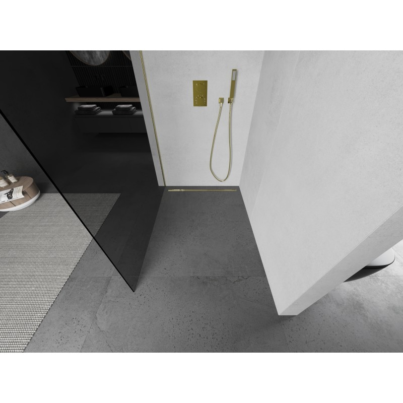 Mexen Kioto Duschwand Walk-in 100 x 200 cm, grafit 8 mm, gebürstetes Gold - 800-100-101-55-40