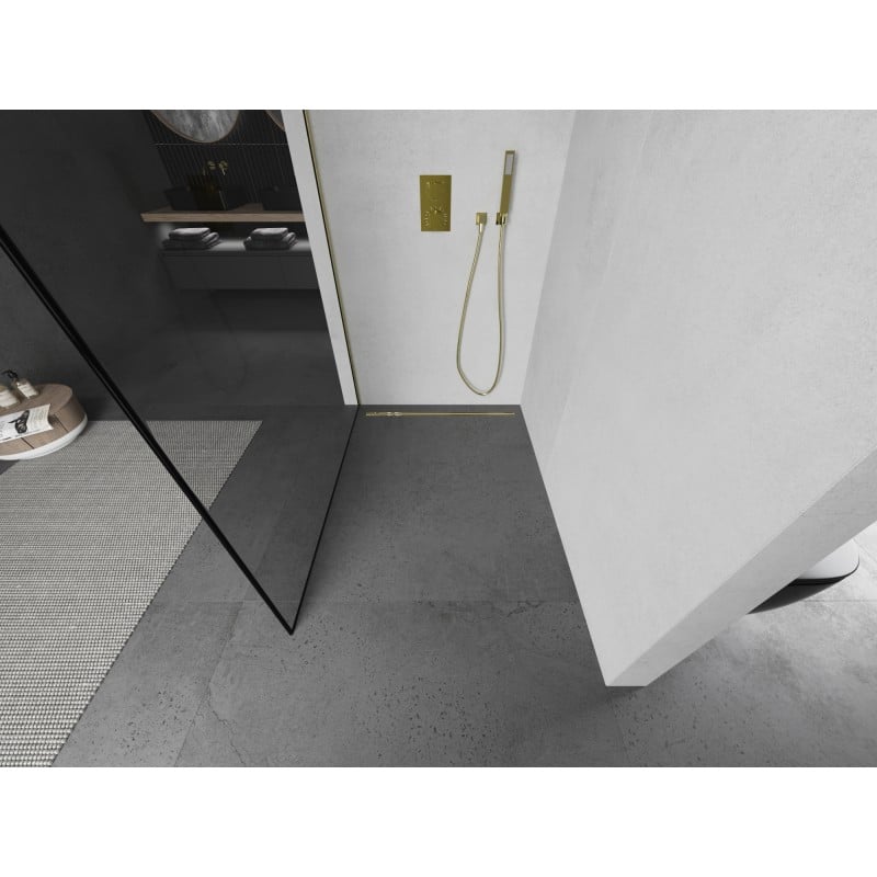 Mexen Kioto Duschwand Walk-in 60 x 200 cm, schwarzer Rahmen 8 mm, gebürstetes Gold - 800-060-101-55-70