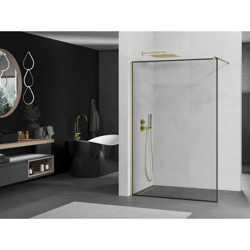 Mexen Kioto Duschwand Walk-in 100 x 200 cm, schwarzer Rahmen 8 mm, gebürstetes Gold - 800-100-101-55-70