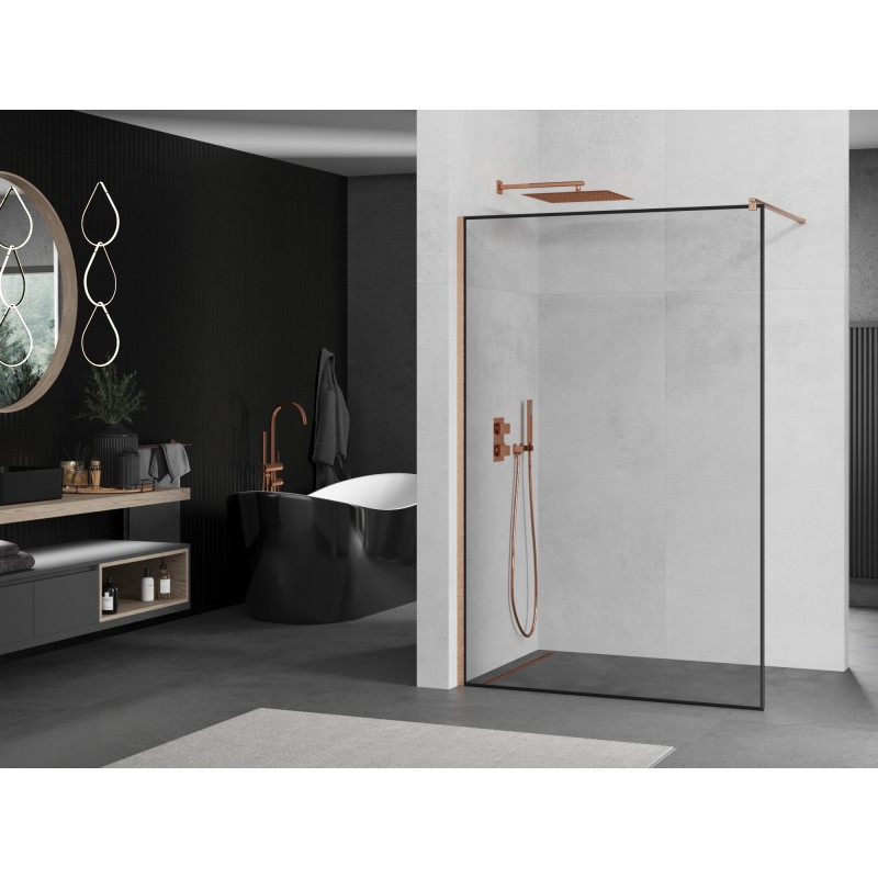 Mexen Kioto Duschwand Walk-in 90 x 200 cm, schwarzer Rahmen 8 mm, gebürstetes Kupfer - 800-090-101-65-70