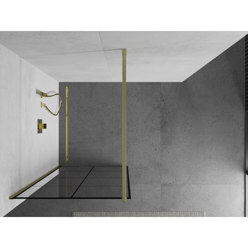 Mexen Kioto Duschwand Walk-in 90 x 200 cm, schwarzes Gitter 8 mm, gebürstetes Gold - 800-090-101-55-77