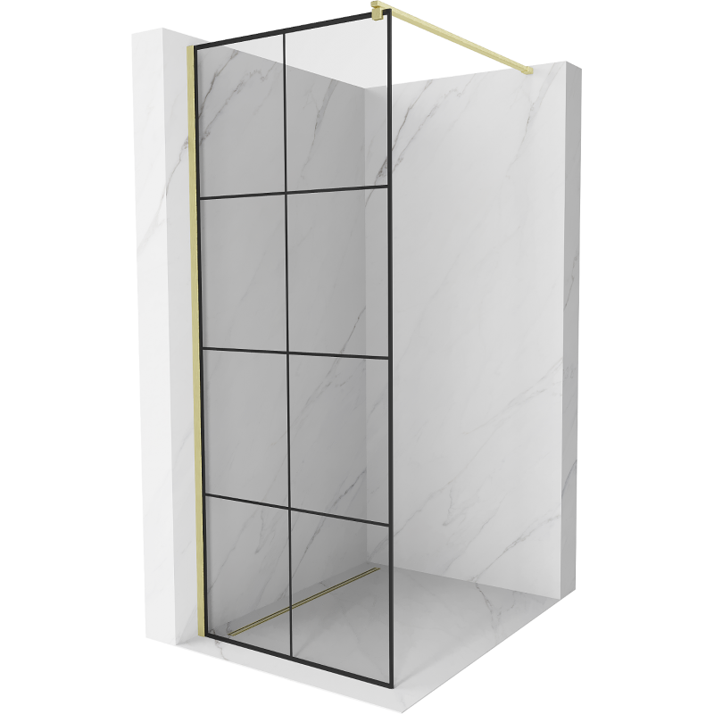 Mexen Kioto Duschwand Walk-in 90 x 200 cm, schwarzes Gitter 8 mm, gebürstetes Gold - 800-090-101-55-77