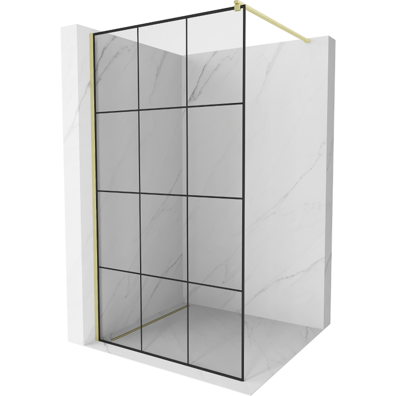 Mexen Kioto Duschwand Walk-in 100 x 200 cm, schwarzes Gitter 8 mm, gebürstetes Gold - 800-100-101-55-77