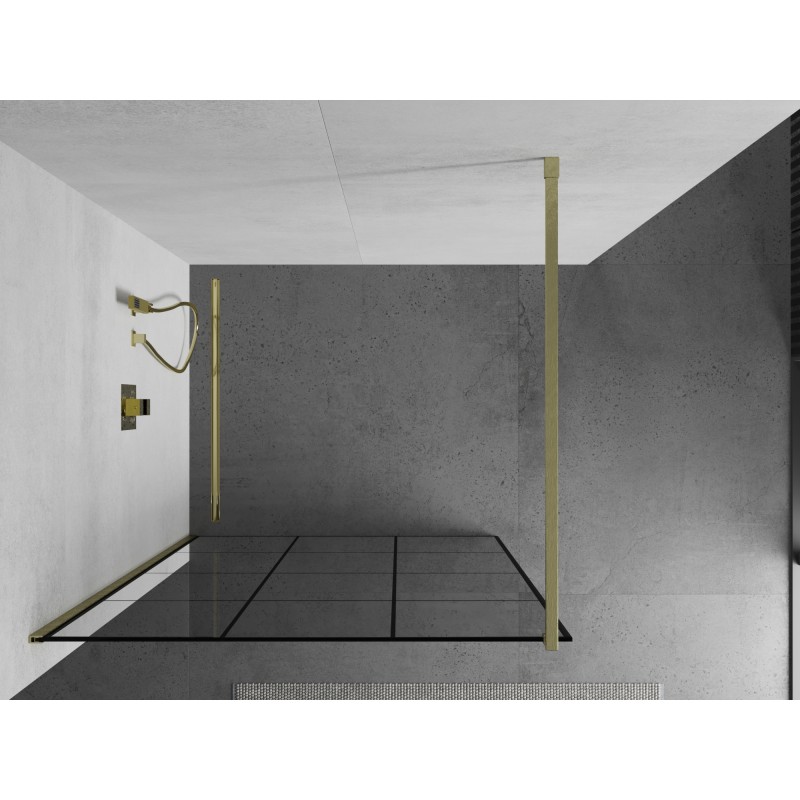 Mexen Kioto Duschwand Walk-in 100 x 200 cm, schwarzes Gitter 8 mm, gebürstetes Gold - 800-100-101-55-77