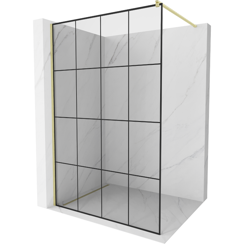 Mexen Kioto Duschwand Walk-in 140 x 200 cm, schwarzes Gitter 8 mm, gebürstetes Gold - 800-140-101-55-77