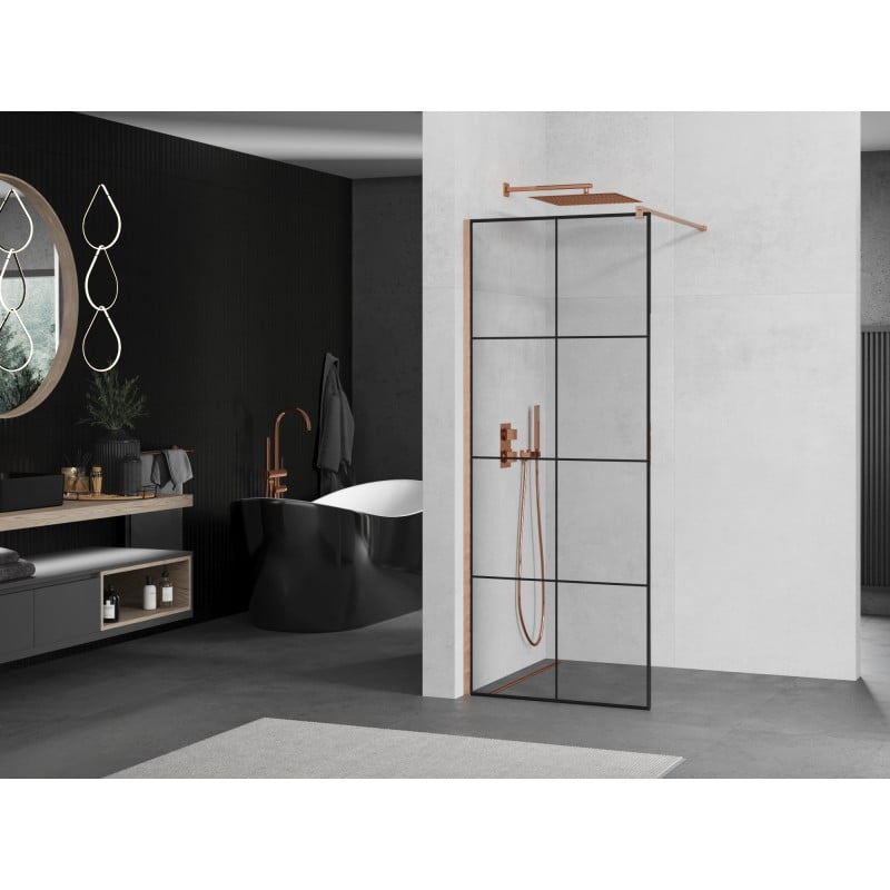 Mexen Kioto Duschwand Walk-in 80 x 200 cm, schwarzes Gitter 8 mm, gebürstetes Kupfer - 800-080-101-65-77