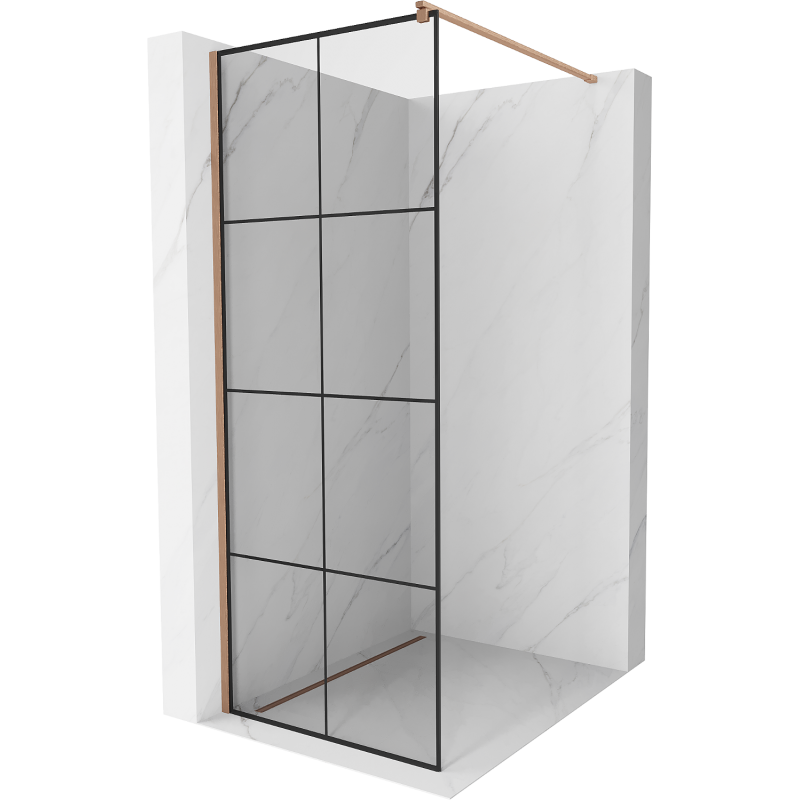 Mexen Kioto Duschwand Walk-in 90 x 200 cm, schwarzes Gitter 8 mm, gebürstetes Kupfer - 800-090-101-65-77