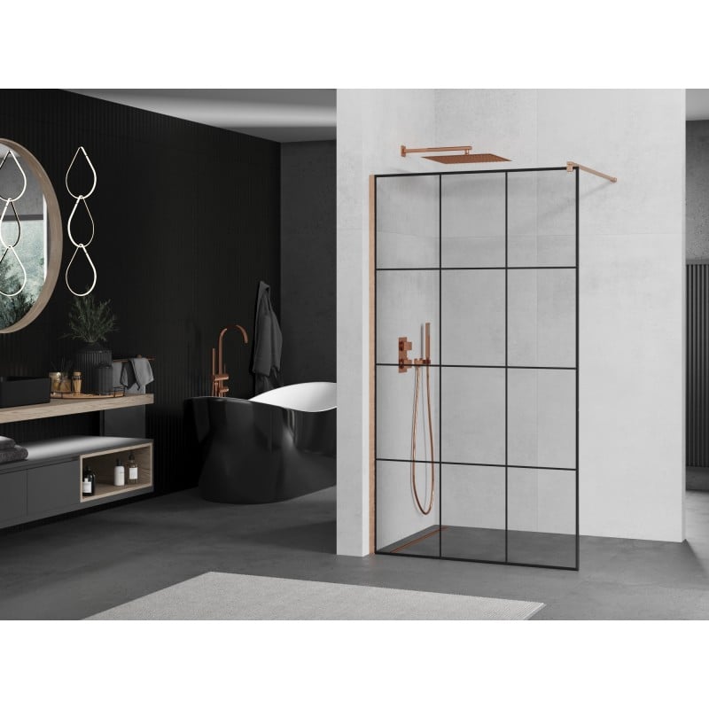 Mexen Kioto Duschwand Walk-in 110 x 200 cm, schwarzes Gitter 8 mm, gebürstetes Kupfer - 800-110-101-65-77