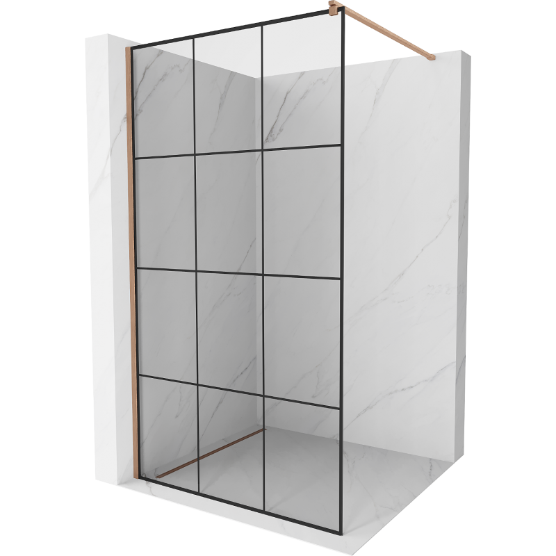 Mexen Kioto Duschwand Walk-in 110 x 200 cm, schwarzes Gitter 8 mm, gebürstetes Kupfer - 800-110-101-65-77